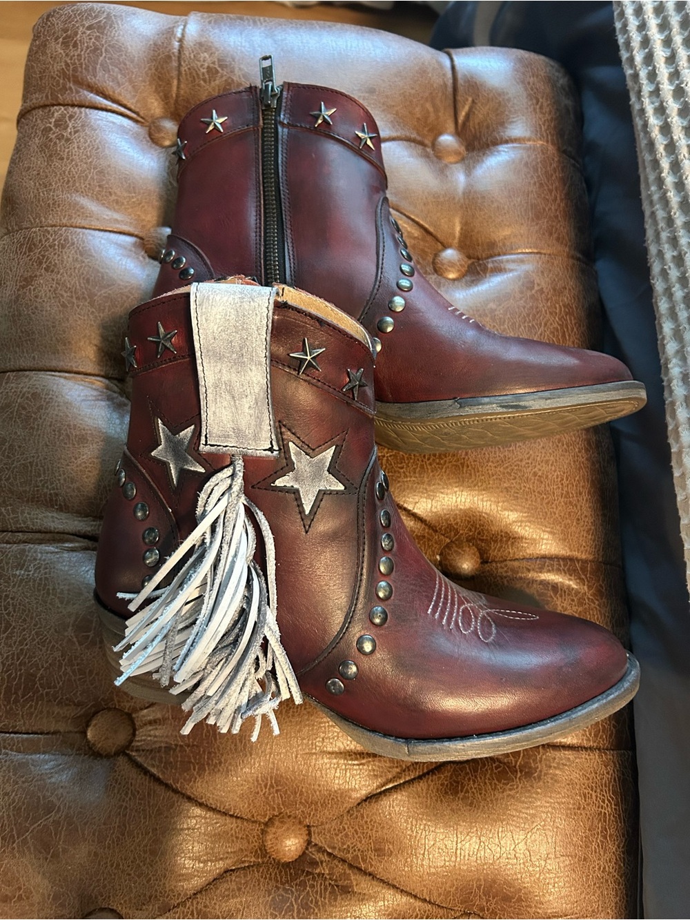 Circle G Burgundy Western Ankle Boots with Silver Stars & Fringe
